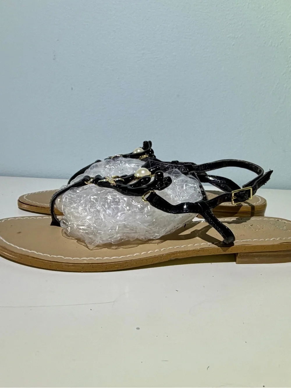 Black Coral Motif With Pearl Accent & Rhinestone Starfish T-Strap Sandals. 10